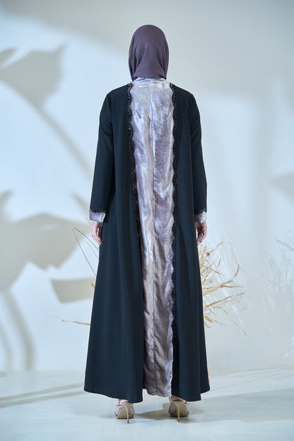 Luxury Black Abaya with Velvet Panels and Elegant Lace Trim