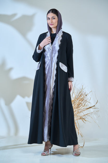 Luxury Black Abaya with Velvet Panels and Elegant Lace Trim