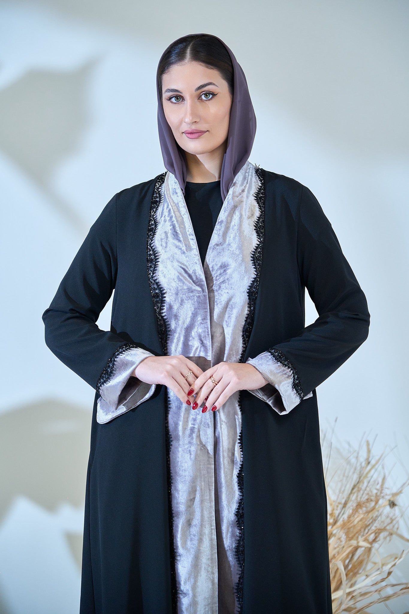 Luxury Black Abaya with Velvet Panels and Elegant Lace Trim