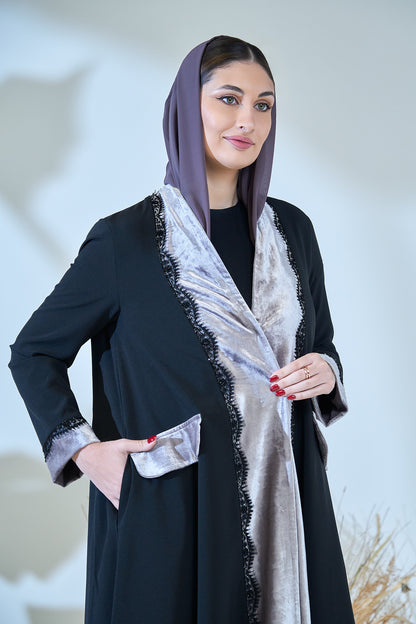 Luxury Black Abaya with Velvet Panels and Elegant Lace Trim