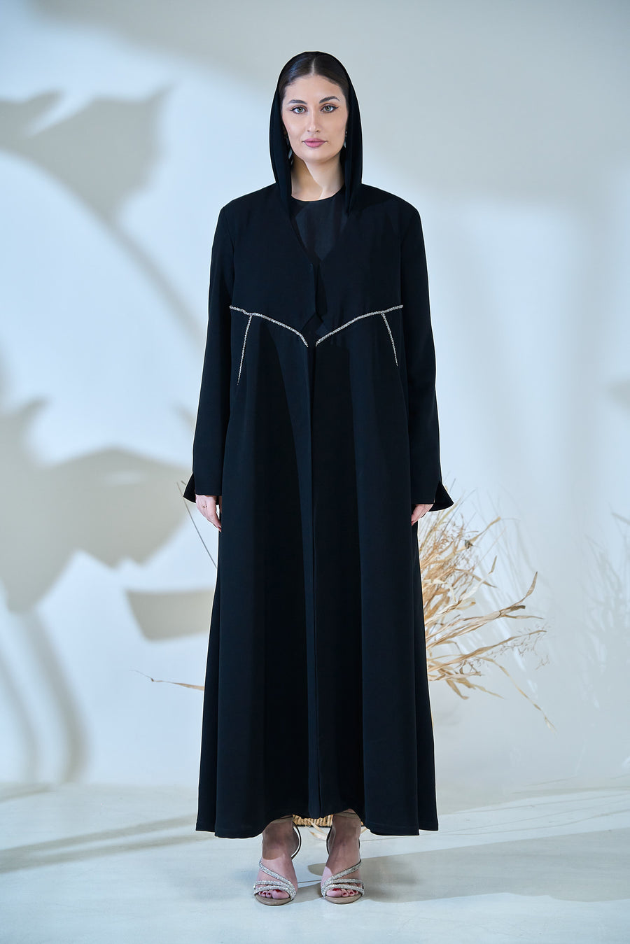 Elegant Black Abaya with Crystal-Trimmed Geometric Waist Detailing