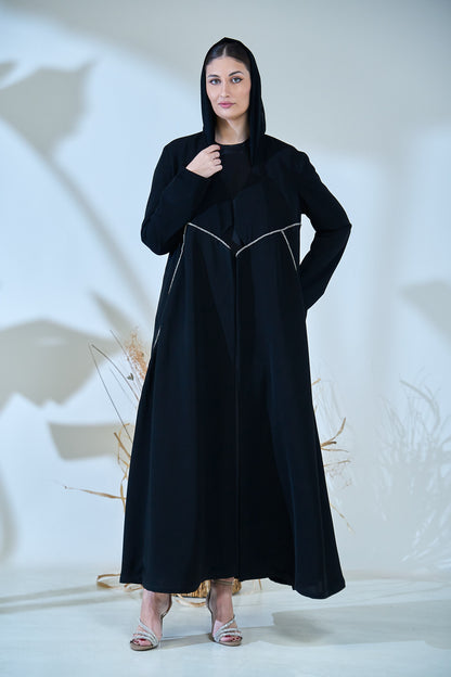 Elegant Black Abaya with Crystal-Trimmed Geometric Waist Detailing