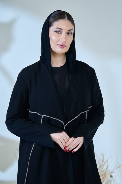Elegant Black Abaya with Crystal-Trimmed Geometric Waist Detailing