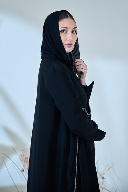Elegant Black Abaya with Crystal-Trimmed Geometric Waist Detailing
