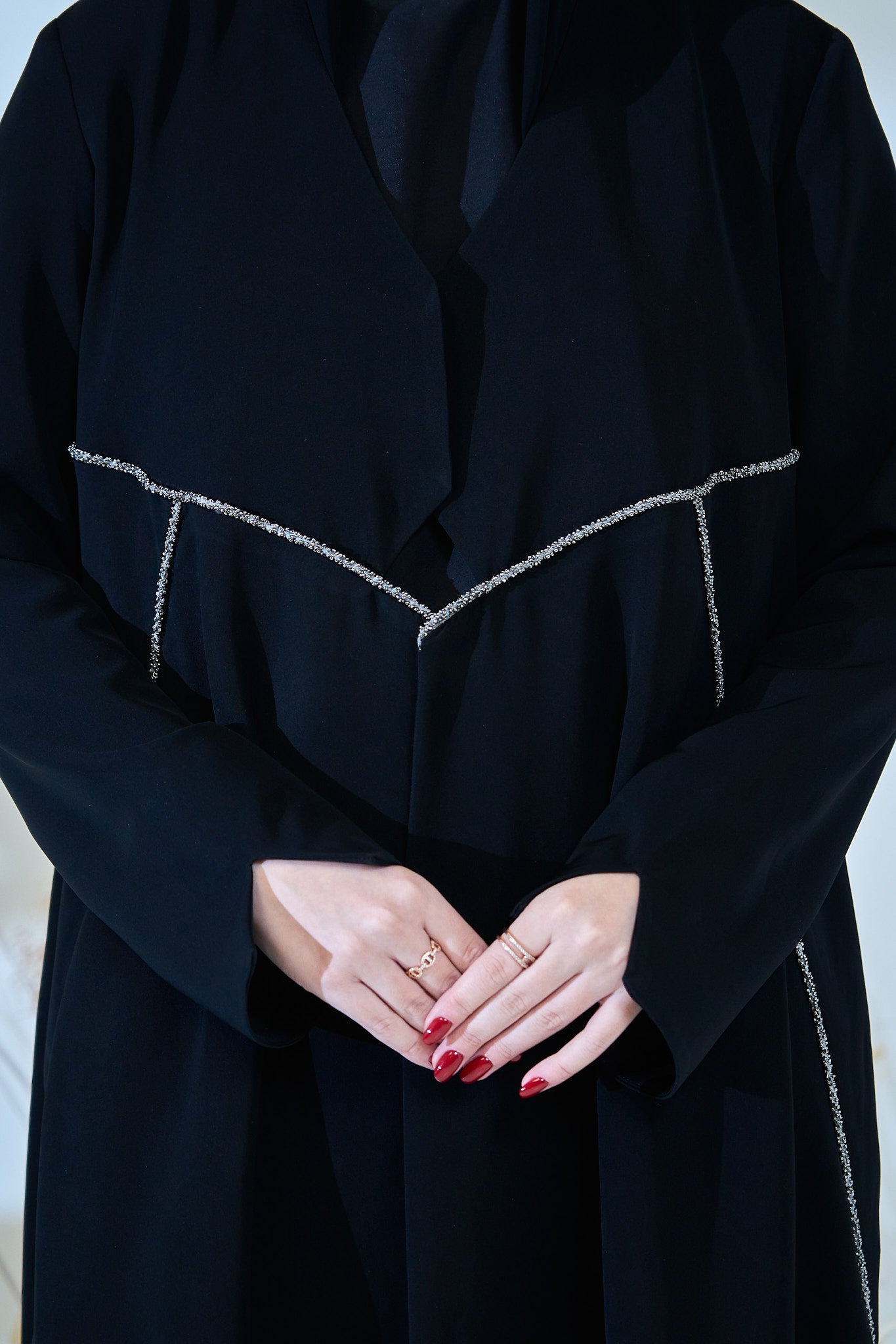 Elegant Black Abaya with Crystal-Trimmed Geometric Waist Detailing