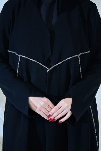 Elegant Black Abaya with Crystal-Trimmed Geometric Waist Detailing