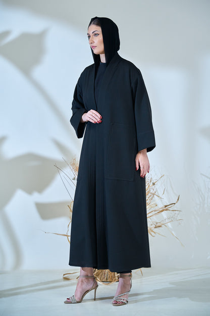 Minimalist Structured Black Abaya with Wide Sleeves & Clean Panel Detailing