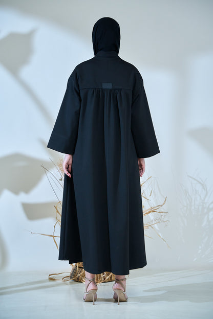 Minimalist Structured Black Abaya with Wide Sleeves & Clean Panel Detailing