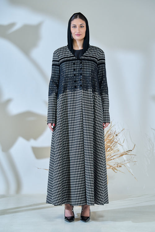 Monochrome Textured Checkered Abaya with Contrast Yoke & Button Detailing