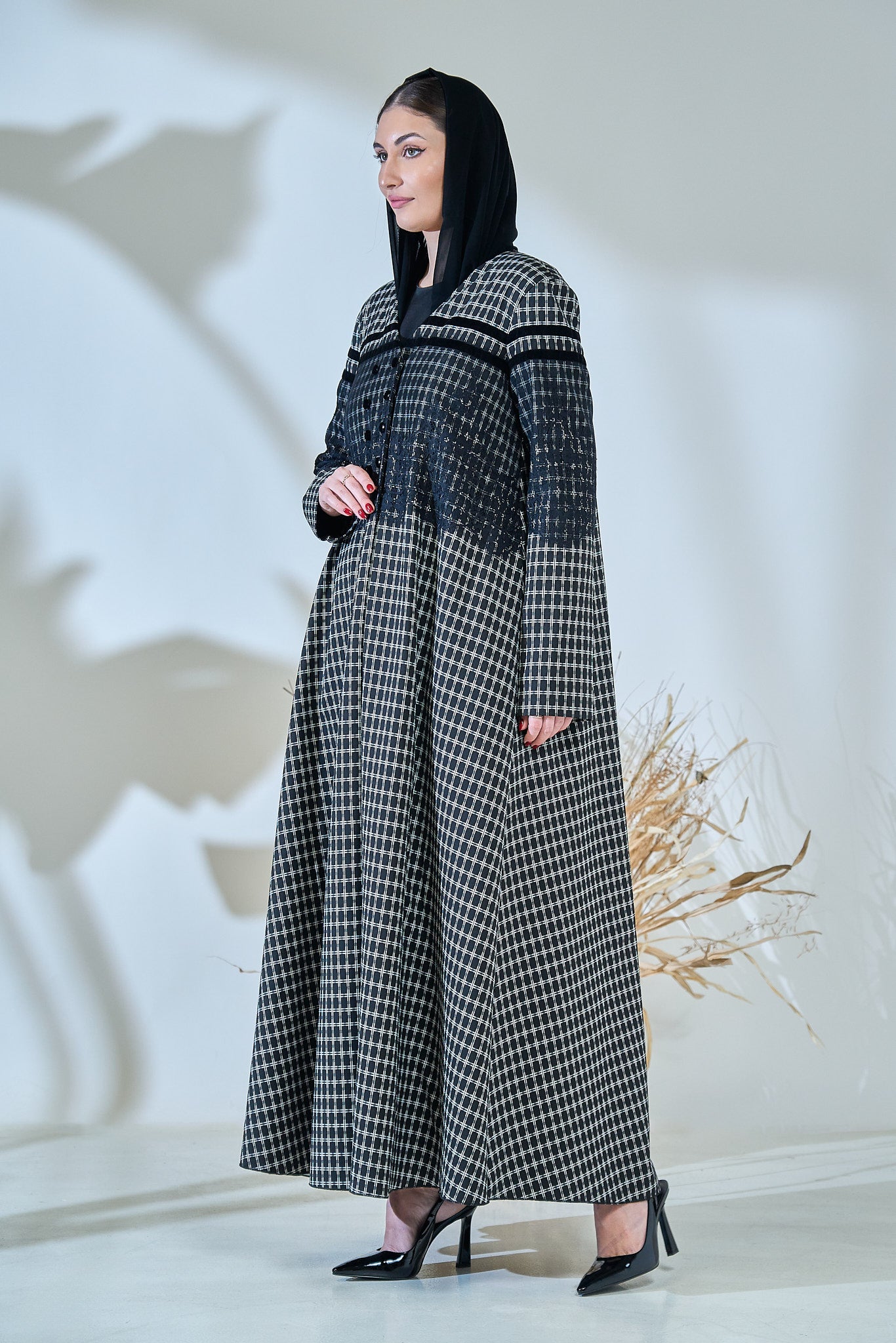 Monochrome Textured Checkered Abaya with Contrast Yoke & Button Detailing