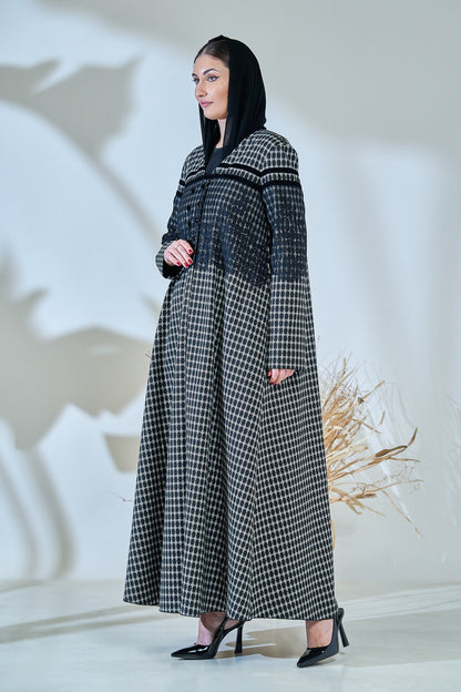 Monochrome Textured Checkered Abaya with Contrast Yoke & Button Detailing