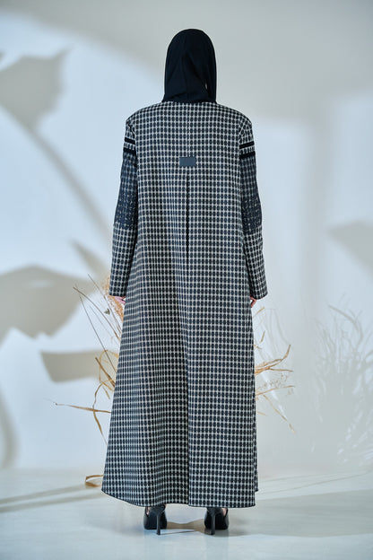Monochrome Textured Checkered Abaya with Contrast Yoke & Button Detailing