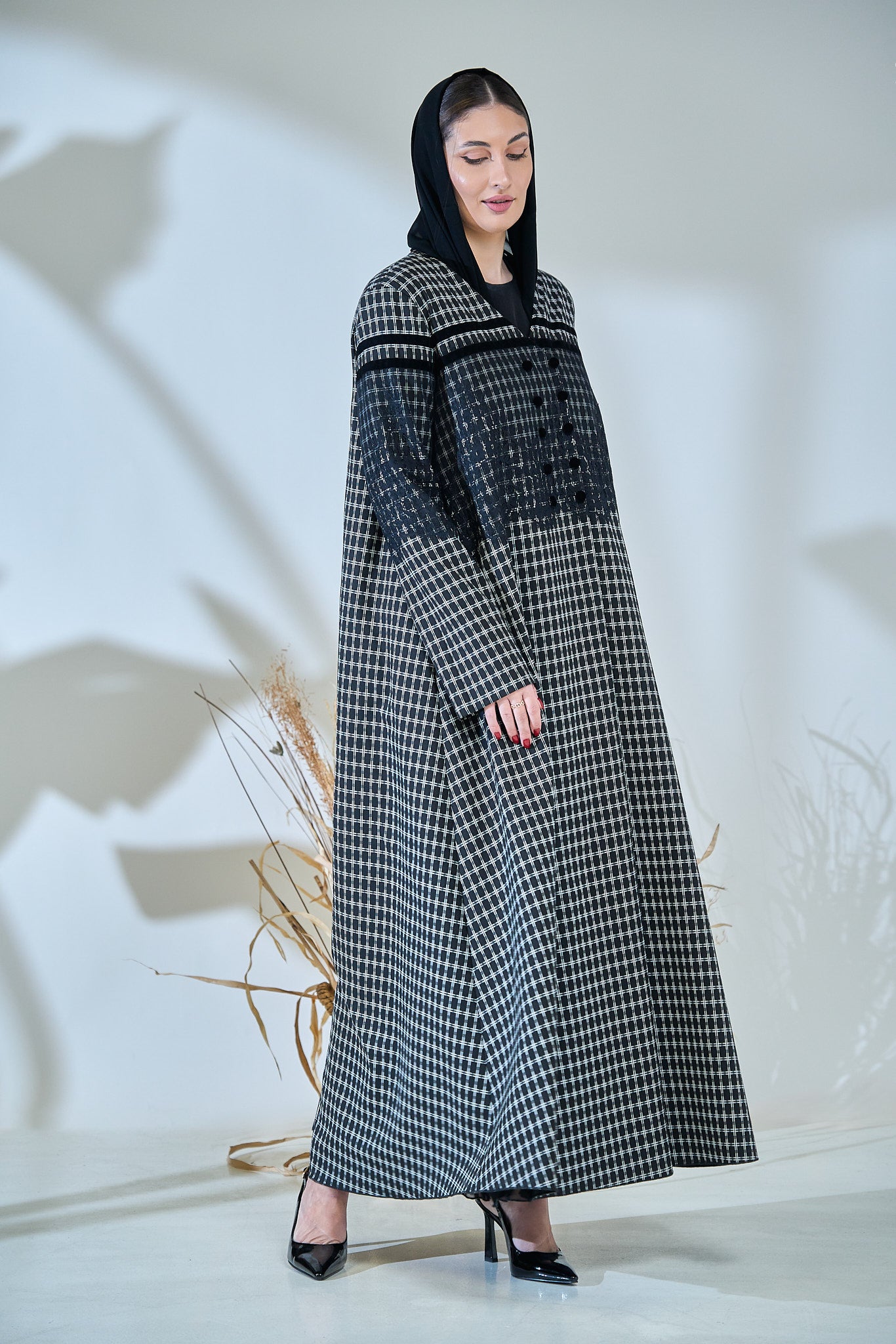 Monochrome Textured Checkered Abaya with Contrast Yoke & Button Detailing