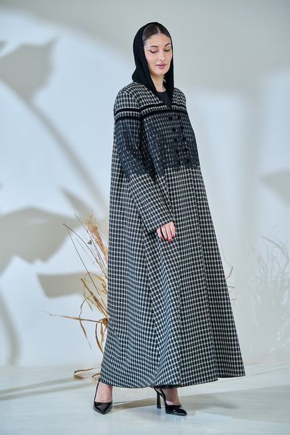 Monochrome Textured Checkered Abaya with Contrast Yoke & Button Detailing