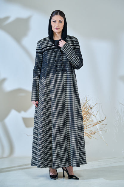 Monochrome Textured Checkered Abaya with Contrast Yoke & Button Detailing