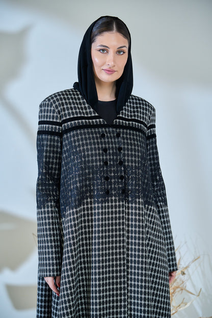 Monochrome Textured Checkered Abaya with Contrast Yoke & Button Detailing