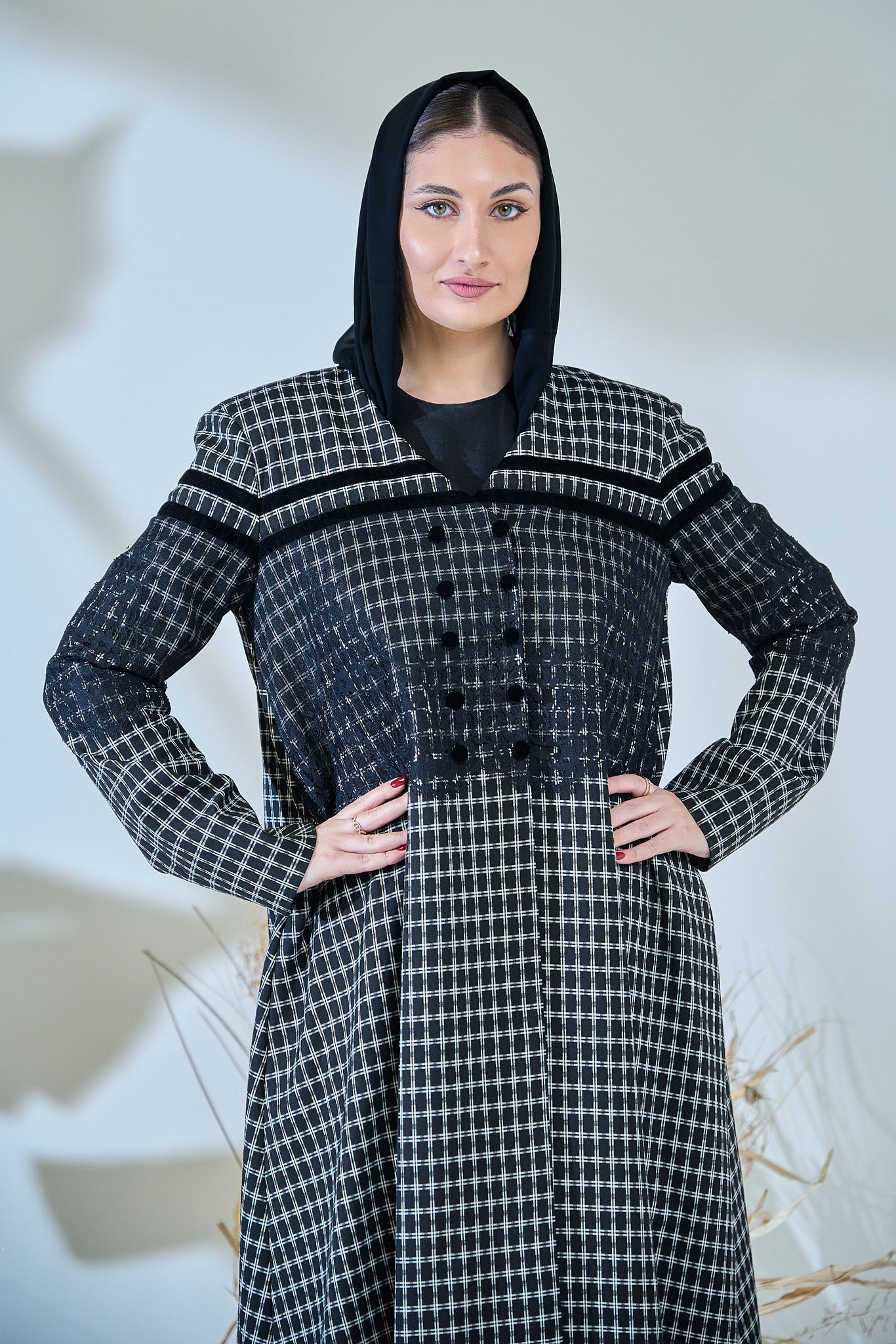 Monochrome Textured Checkered Abaya with Contrast Yoke & Button Detailing