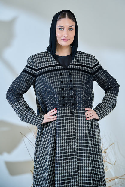 Monochrome Textured Checkered Abaya with Contrast Yoke & Button Detailing