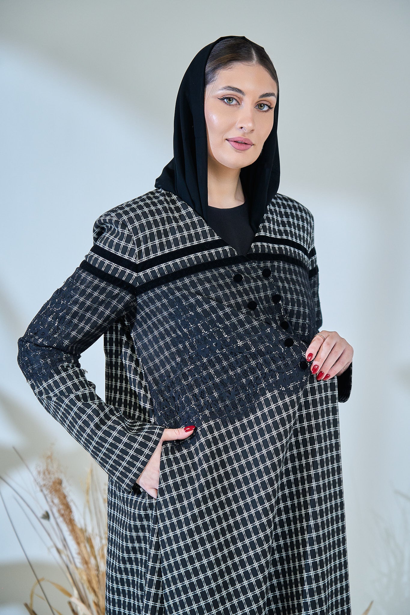 Monochrome Textured Checkered Abaya with Contrast Yoke & Button Detailing