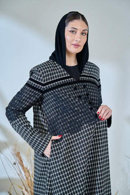 Monochrome Textured Checkered Abaya with Contrast Yoke & Button Detailing