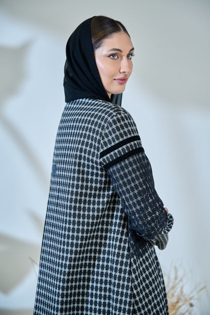 Monochrome Textured Checkered Abaya with Contrast Yoke & Button Detailing
