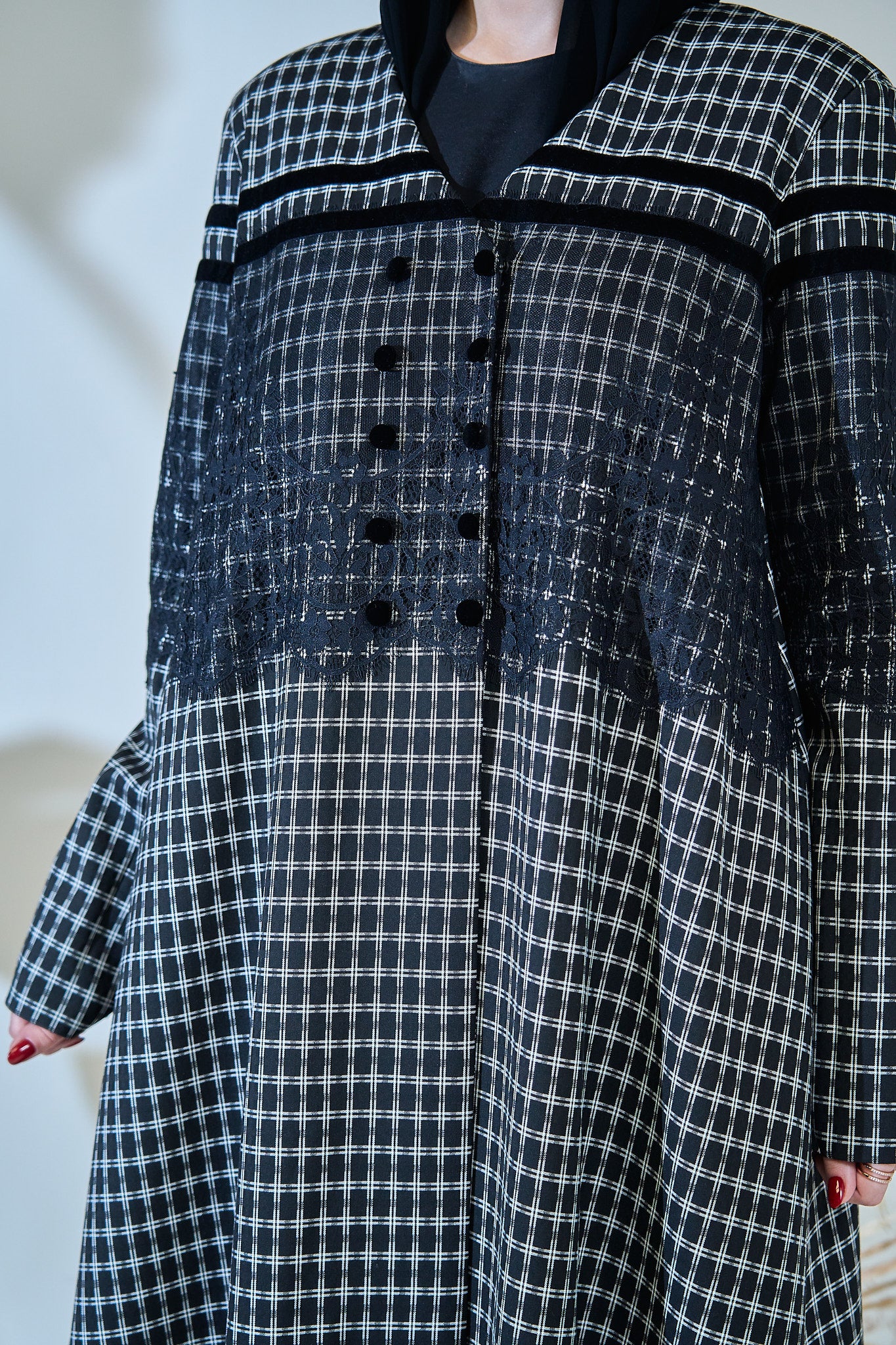 Monochrome Textured Checkered Abaya with Contrast Yoke & Button Detailing
