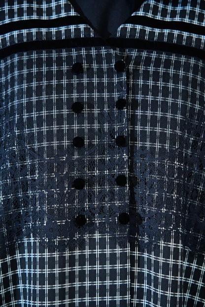 Monochrome Textured Checkered Abaya with Contrast Yoke & Button Detailing