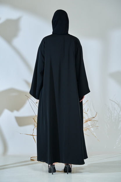 Minimalist Black Abaya with Deep Green Inner Sleeve Contrast