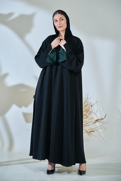 Minimalist Black Abaya with Deep Green Inner Sleeve Contrast