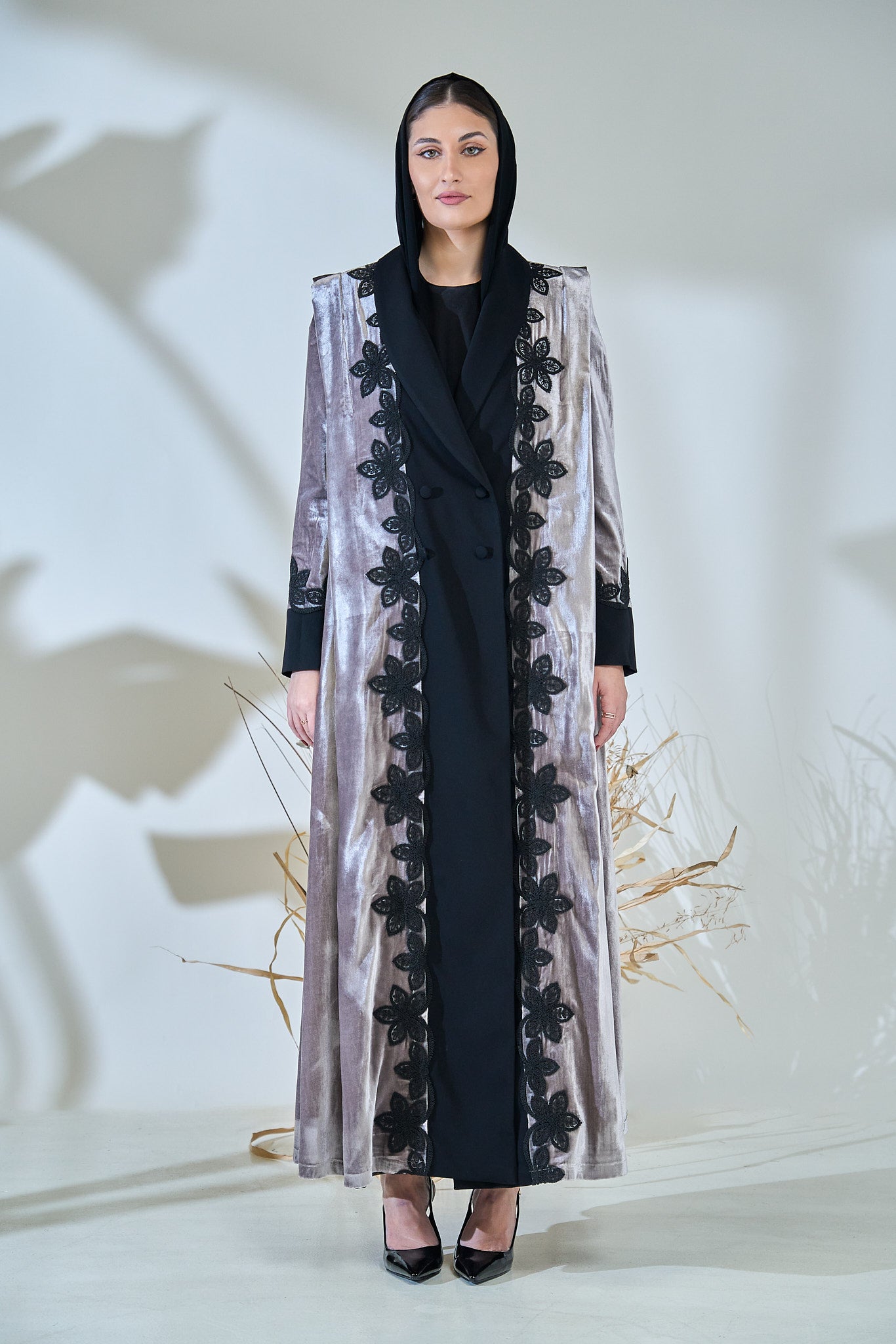 Velvet Frost Abaya with Black Floral Lace Embellishment