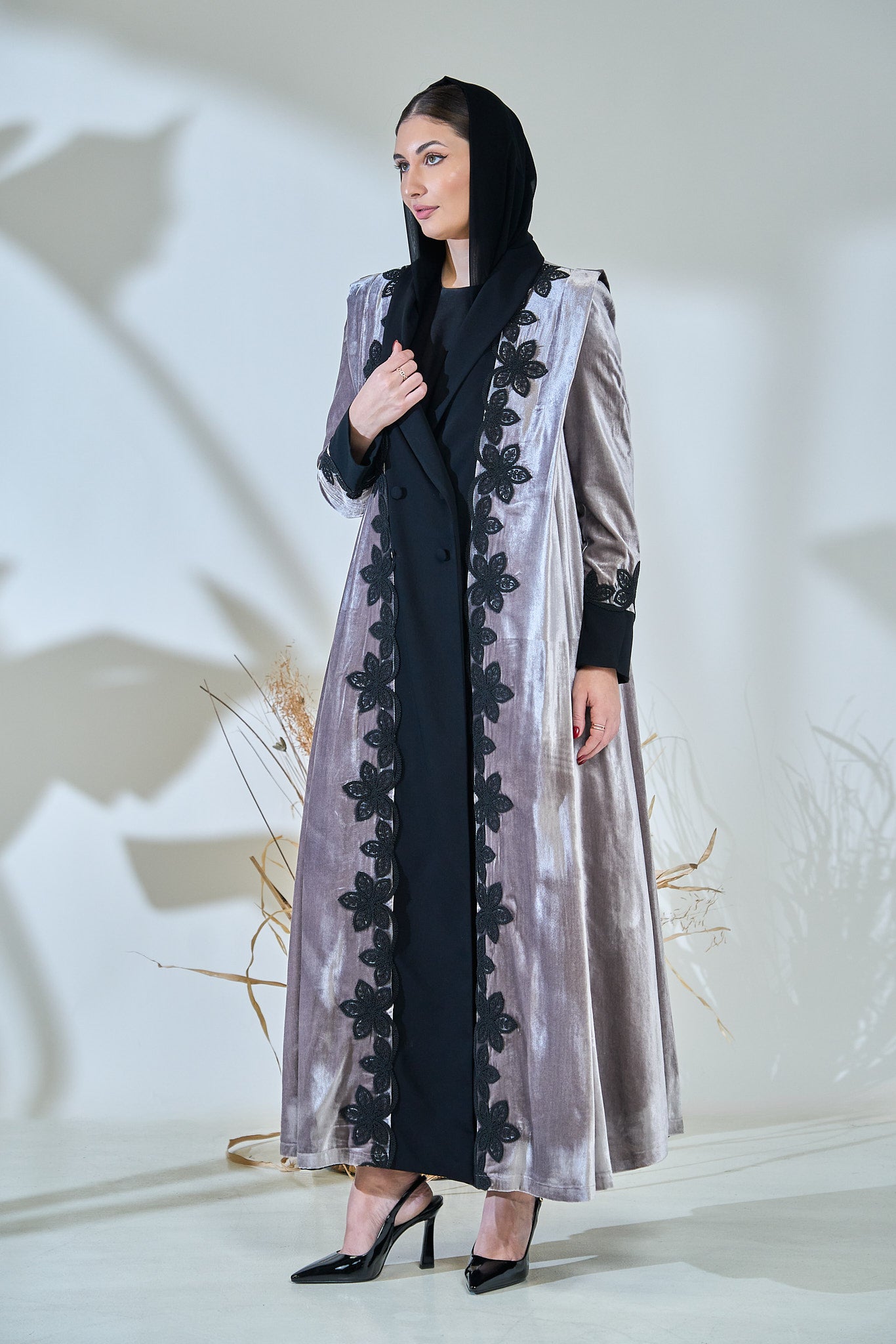 Velvet Frost Abaya with Black Floral Lace Embellishment