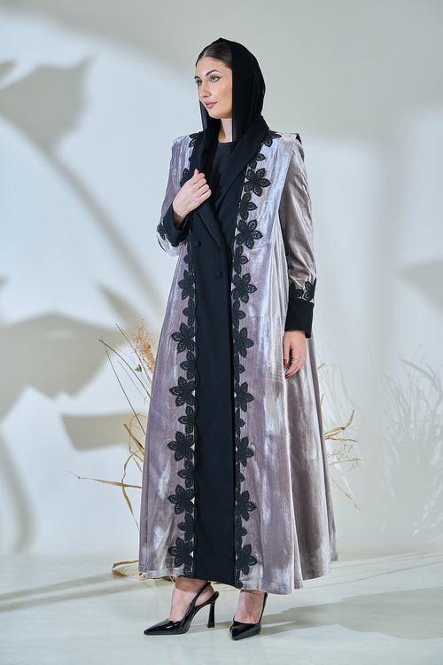 Velvet Frost Abaya with Black Floral Lace Embellishment – hover image