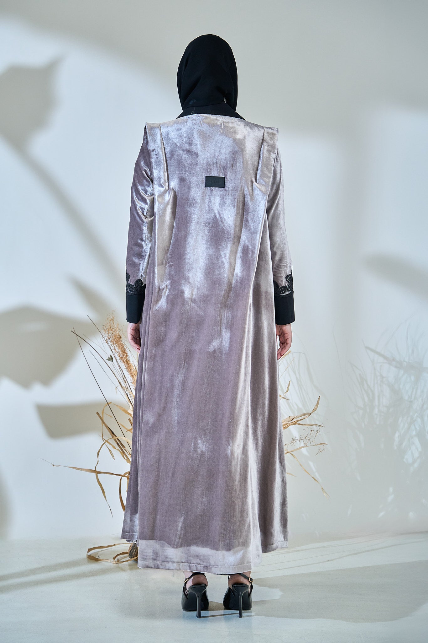Velvet Frost Abaya with Black Floral Lace Embellishment