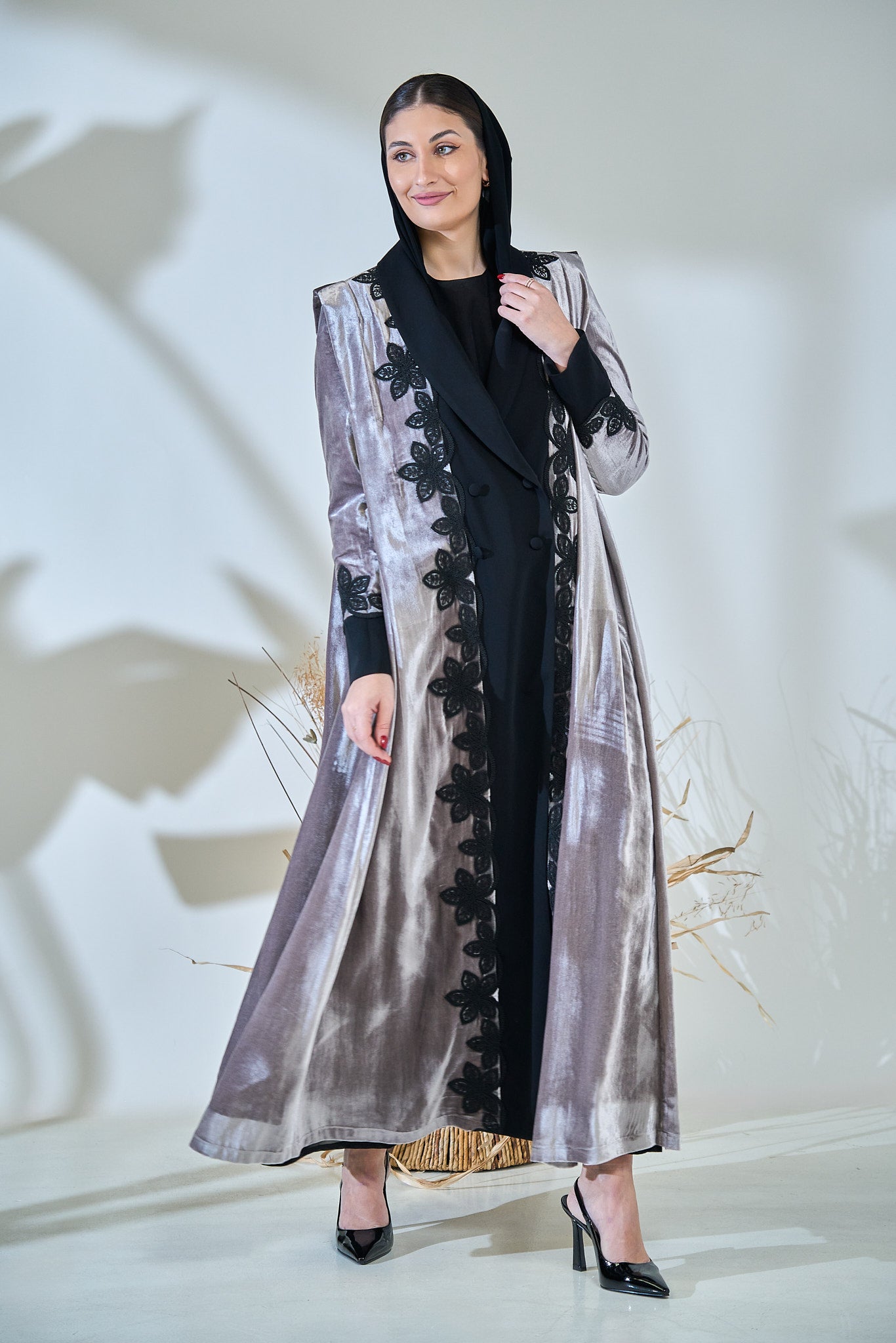 Velvet Frost Abaya with Black Floral Lace Embellishment