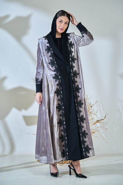Velvet Frost Abaya with Black Floral Lace Embellishment