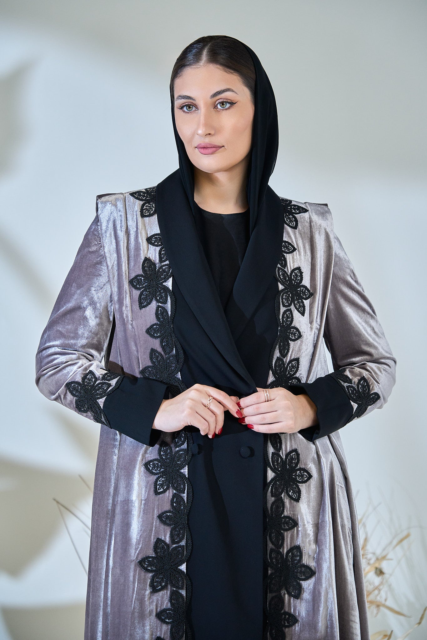Velvet Frost Abaya with Black Floral Lace Embellishment