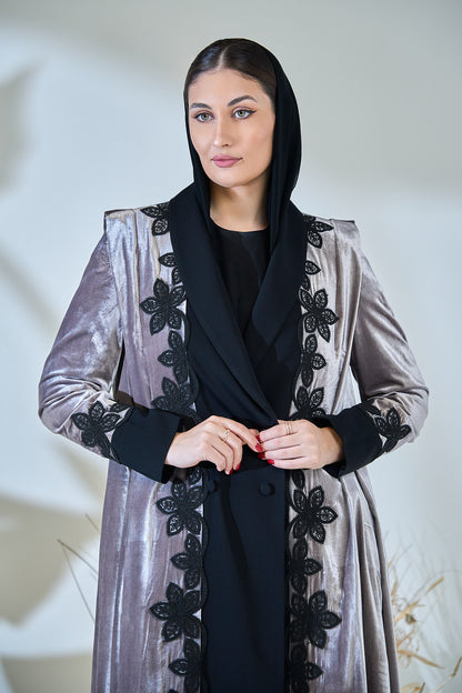 Velvet Frost Abaya with Black Floral Lace Embellishment
