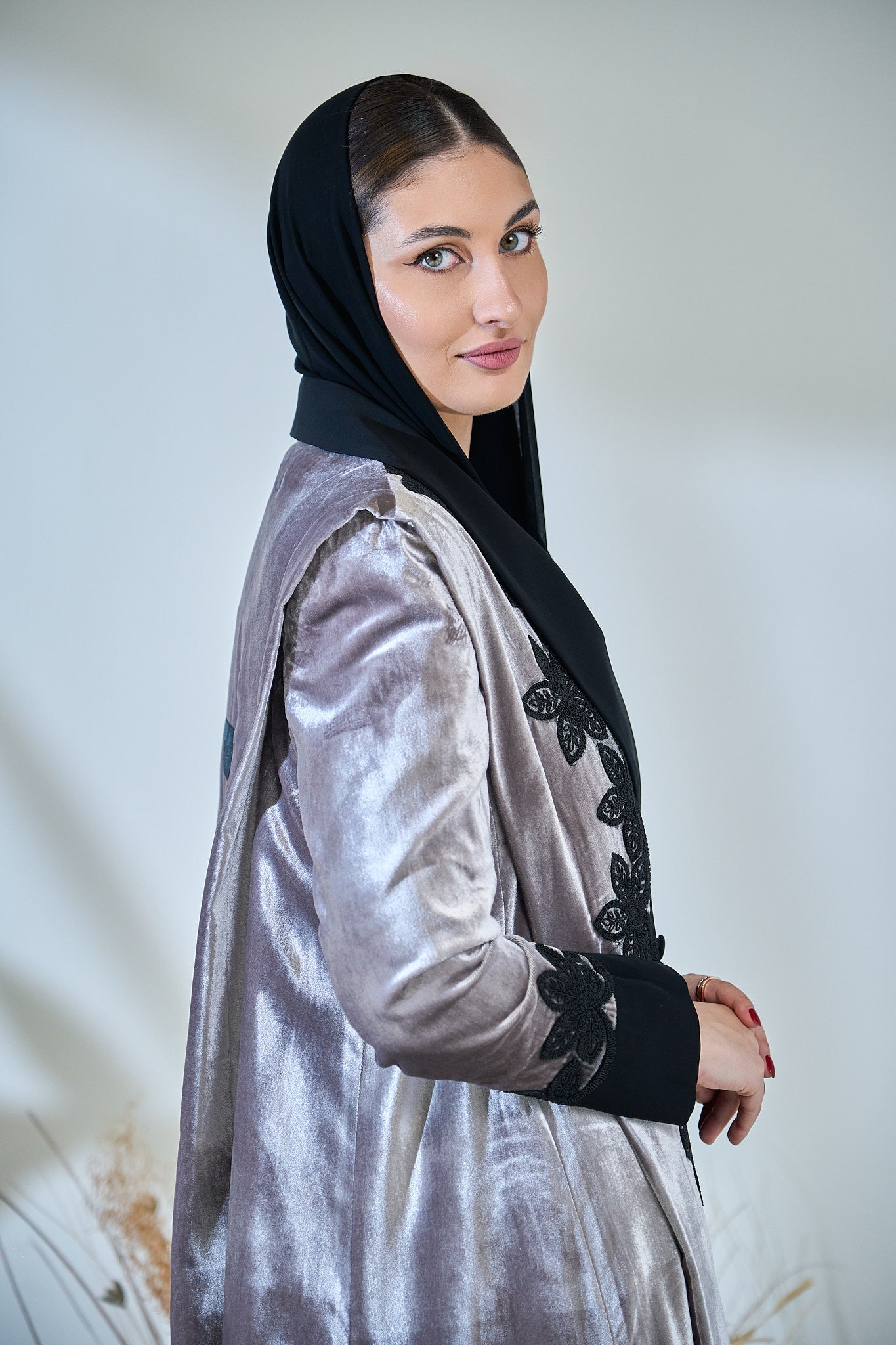 Velvet Frost Abaya with Black Floral Lace Embellishment