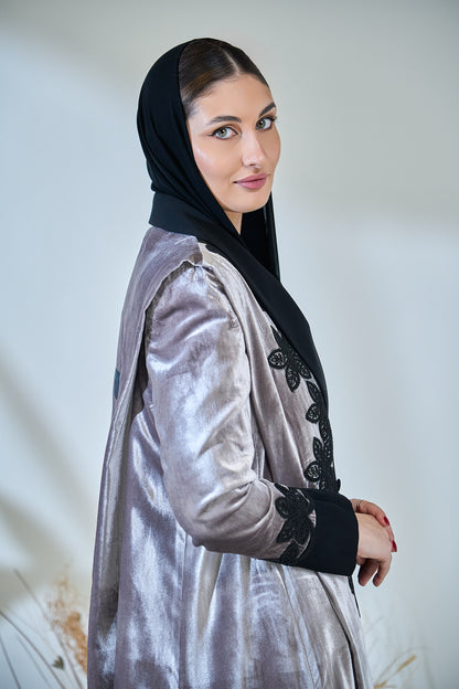 Velvet Frost Abaya with Black Floral Lace Embellishment