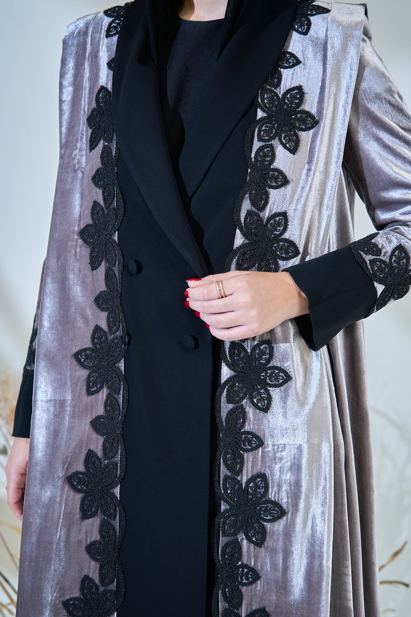 Velvet Frost Abaya with Black Floral Lace Embellishment