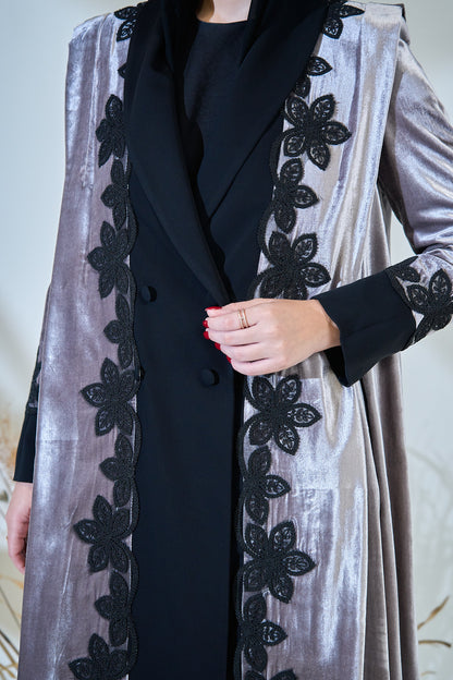 Velvet Frost Abaya with Black Floral Lace Embellishment