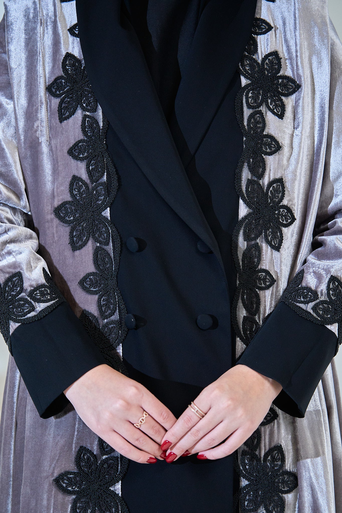 Velvet Frost Abaya with Black Floral Lace Embellishment