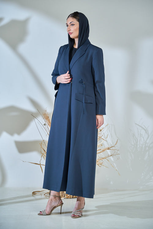 Midnight Slate Tailored Abaya with Side-Tie Detailing – hover image