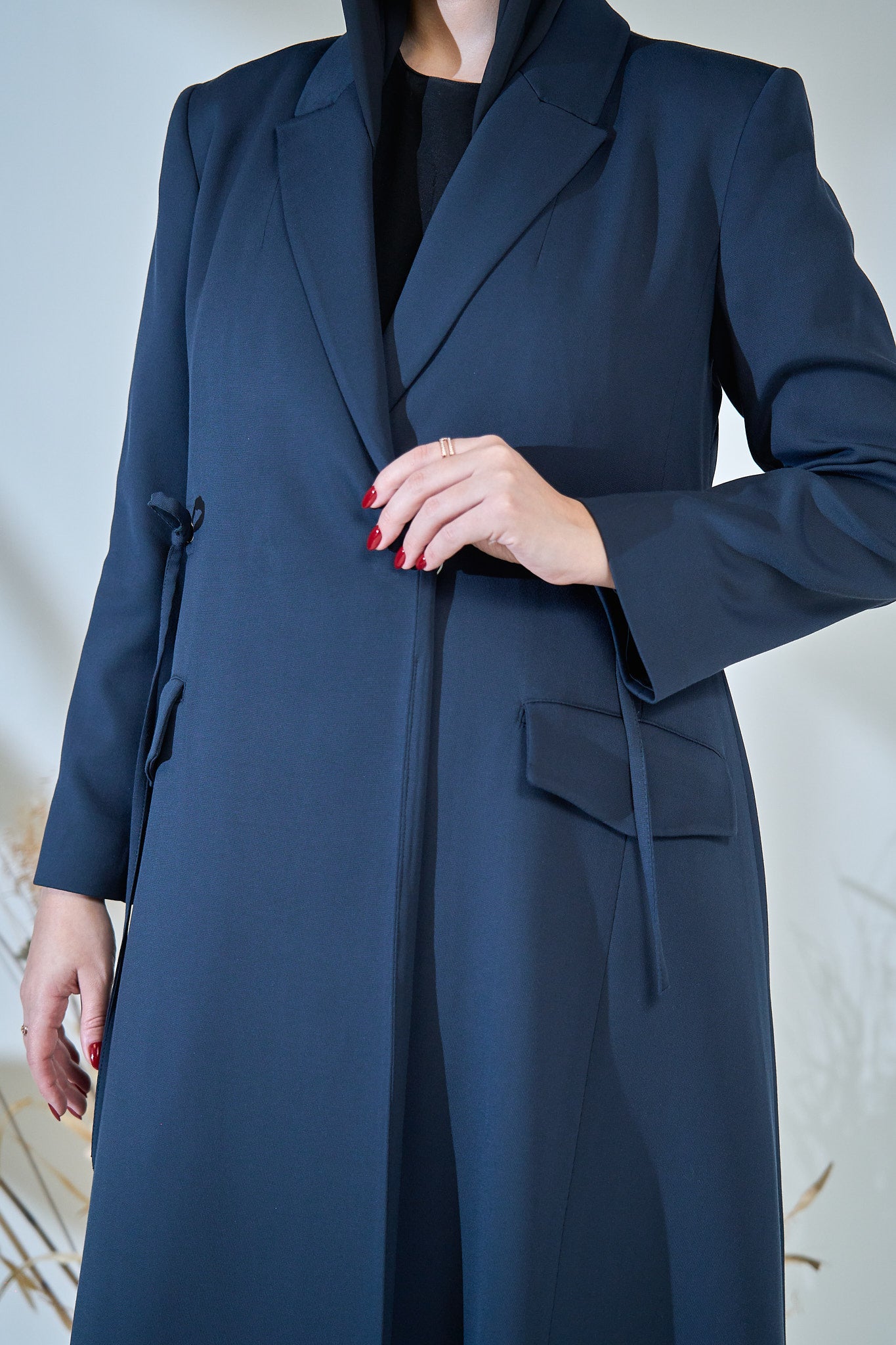 Midnight Slate Tailored Abaya with Side-Tie Detailing