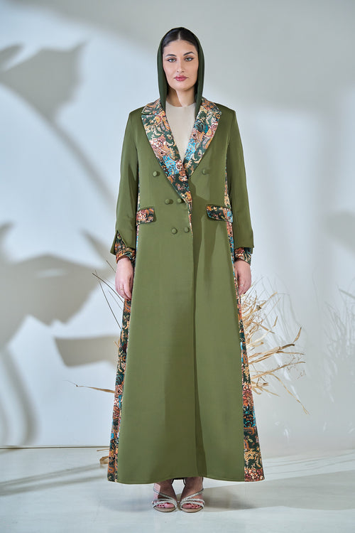 Emerald Imperial Brocade-Lapel Abaya with Artisan Panel Detailing