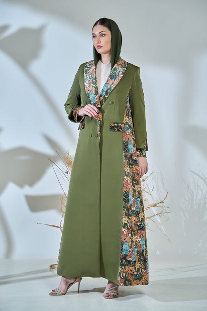 Emerald Imperial Brocade-Lapel Abaya with Artisan Panel Detailing
