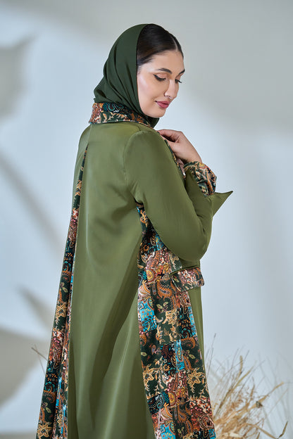 Emerald Imperial Brocade-Lapel Abaya with Artisan Panel Detailing