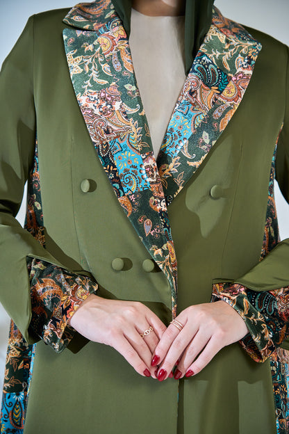 Emerald Imperial Brocade-Lapel Abaya with Artisan Panel Detailing