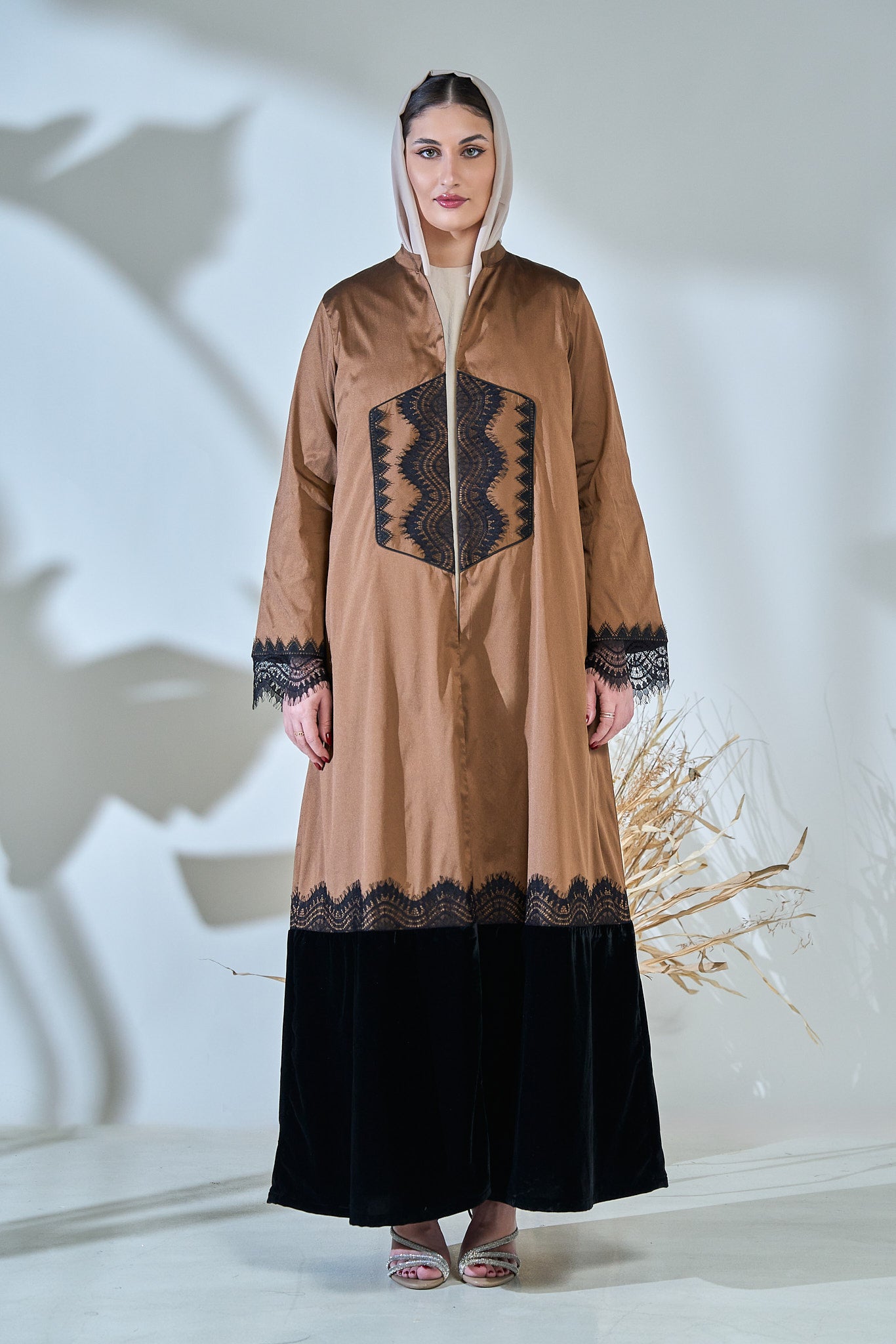 Mocha Taffeta Abaya with Black Lace Accents and Velvet Hem
