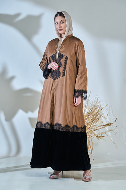 Mocha Taffeta Abaya with Black Lace Accents and Velvet Hem